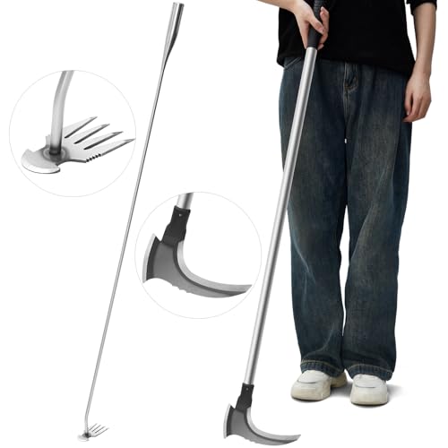 Yungyan 2 Pack 47 Inch Long Weed Puller Tool Set with Long Stand up Metal Handle, Weed Puller Hand Tool Manganese Steel Double Scythe, Hand Weeder for Garden Planting Weeding(Scythe,Large)