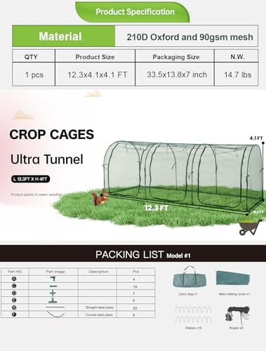 Poray Large 12.3X4FT Tunnel Plant Netting Cover,4.1FT Tall Crop Cage Tomato Netting for Vegetables&Fruits,Durable Gardening Net for Plant and Animals - style: 147*49*49inches Tunnel