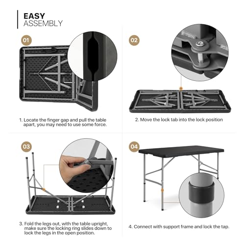 MoNiBloom 4Ft Folding Card Table, Picnic Cookout Table w/Handle, Black - color: Black