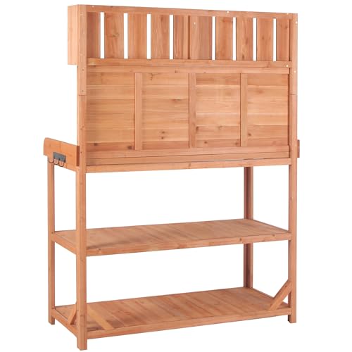 Outdoor Potting Bench Table with Storage Shelves, Farmhouse Wood Garden Wook Station Table with Side Hooks,Potting Tables for Outside, Patio, Backyard, Easy Assembly, Natural - size: 65'' Natural