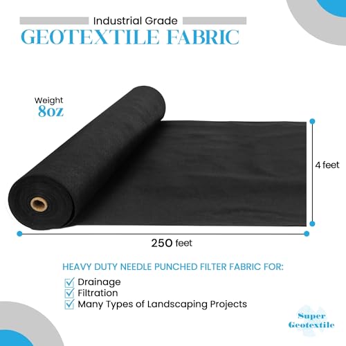 Super Geotextile 4, 6, 8 oz Non Woven Fabric for Landscaping, French Drains, Underlayment, Erosion Control, Construction Projects - 8 oz (4X250) - size: 4' x 250'