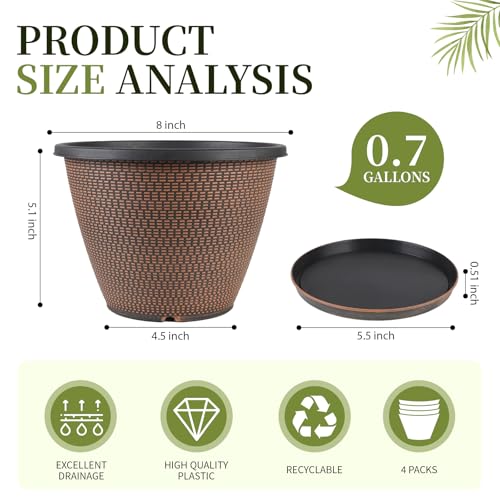 4 Pack 8 inch Plant Pot, Round Plastic Pots for Plants Indoor with Trays - color: Knit Pattern-black Copper, size: 8 Inch - 4Pack