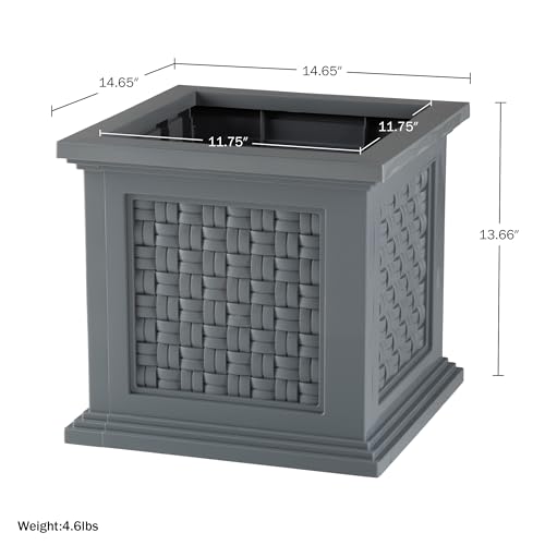 Rattan Style Outdoor Planter Box - 14.65-Inch-Square Decorative Flower or Plant Pot - Garden, Patio and Front Porch Decor by Pure Garden (Gray) - color: Gray