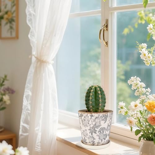 Ceramic Flower Pots for Indoor Plant with Drainage Hole & Saucer - color: Grey Camellia