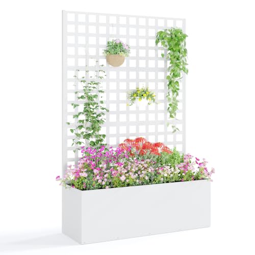 Garvee Metal Planter Box with Trellis 71"x47"x16", 15.7" Deep Planting Bed - color: Grid - White, size: no Wheel