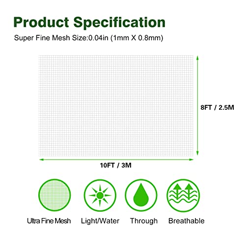 8x10Ft Ultra Fine Garden Netting, Plant Protection Mesh Barrier, Bird Insect Screen Net, Vegetable Fruit Flower Tree Row Cover, Raised Bed Plant Protective Net