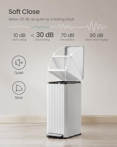 SONGMICS Trash Can, 13 Gallon (50 L) Slim, Stainless Steel, with Lid, Pedal - color: Cloud White, size: 13 Gallon (Slim)