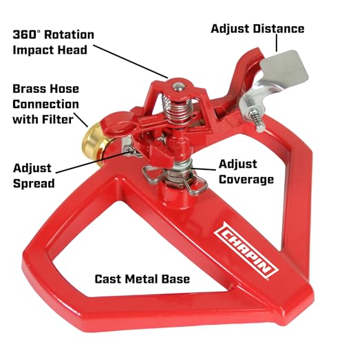 Chapin 4980: Platform Impact Sprinkler, 360 Degree Automatic With Base for Gardens and Lawns, Up to 85ft Coverage Area, Yards and Garden Watering, Red