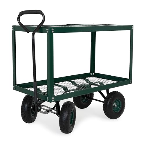 Backyard Expressions 2 Tier Garden Cart, 600 lb Total Capacity, Outdoor Utility Cart with Wheels, Steel Mesh Shelves, Pneumatic Tires, Pull Handle Rolling Wagon for Yard & Lawn - style: 2 Tier