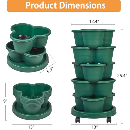 VECELO 5 Tier Vertical Garden Planter, Self Watering Stackable Planters with Wheels for Strawberries, Herbs, Flowers, Vegetables, Dark Green - color: Dark Green, size: 5 Tier