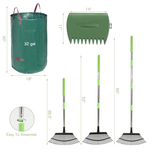 65 Inch 25 Tines Metal Leaf Rake Set with 32 Gal Bags Scoops, 18in Wide - style: Green