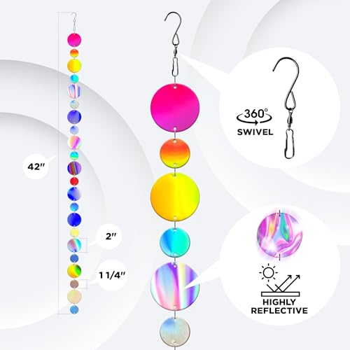 Iridescent Streamer Reflective Bird Scare Discs, Double-Sided Bird Deterrents for Outside, 8 Pack, Reflectors to Keep Birds, Geese, and Pigeons, Away from Your House, Garden, Wharf, and Patio.