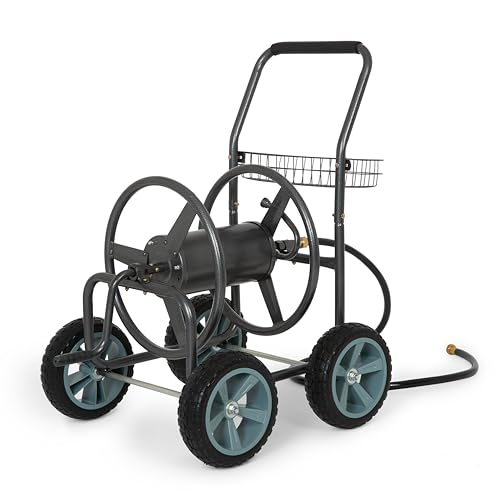 Backyard Expressions 4‑Wheel Garden Hose Reel Cart with Storage Basket, Hand‑Crank Rewind, Rust‑Resistant Hammertone Gray Finish, Brass Connectors - style: 2026 4 Wheel
