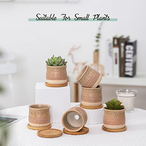 2.75 Inch Mini Ceramic Succulent Plant Pots, Brown Beige, Set of 6