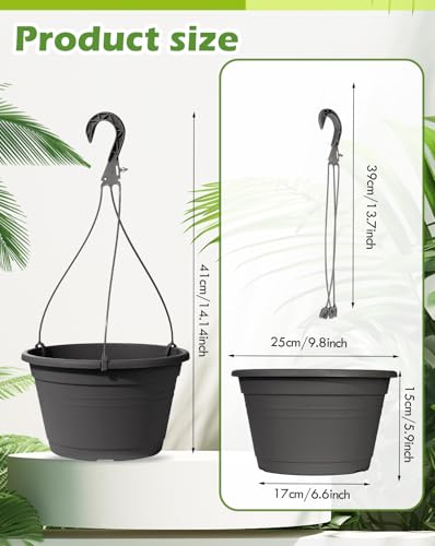 4 Pcs Hanging Planters,10" Hanging Pots Plastic Hanging Flower Plant Basket with Drainage Trays & Chain Holder for Outdoor Indoor Plants Garden Balcony Decoration, Dark Gray - color: Dark Gray