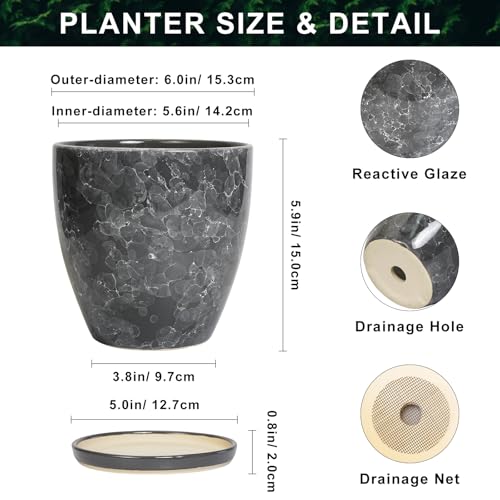 Ceramic Pots for Plants - 6 Inch Ceramic Planter with Drainage Hole and Saucer, Modern Planters for Indoor Outdoor Plants, Round Planter, Home Garden Decor, Plant Lover Gifts, Grey - color: Grey Gemstone, size: 6 Inch