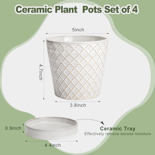 EFISPSS Ceramic Plant Pots Indoor, 5 Inch Planters with Drainage Holes and Ceramic Tray, Relief Design Flower Planter, Desktop Office Windowsill Decoration Gift Set of 4, White - color: Ceramic White