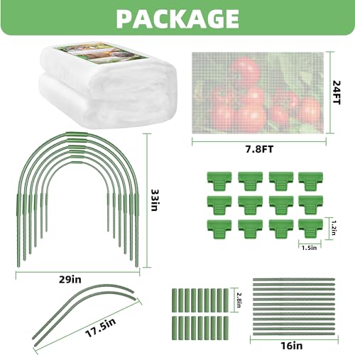 U0U Garden Mesh Netting Kit,7.8 x 24 Ft Plant Netting with Hoops,Bird Net for Garden with 6 Sets Garden Hoops & 18 Clips,Garden Net Bed Cover for Plants Birds Animals Protection (White) - color: White