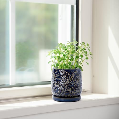 D'vine Dev Embossed Leaves Ceramic Planter, 4 in, Midnight Blue, 27-A-Z-3 - color: Midnight Blue, size: 4 Inch