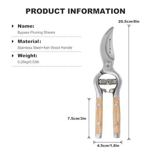 Berry&Bird 8'' Bypass Pruning Shears with Wooden Handle, Curved Blade Garden Hand Pruner, Stainless Steel Scissors Ultra Sharp Clippers for Gardening Trimming Cutting Bonsai Plant Flower & Picking - style: 8'' Curved Blade Scissors