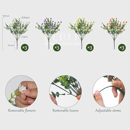Artificial Flowers Outdoors, 12 Bundles Not-Fading Fake Flowers UV-Anti Faux Plastic Mix-Colored Plants for Indoor & Outdoor Porch Garden Vase Décor (4 Colors) - color: Colorful(yellow+ Purple+ White+ Orange)