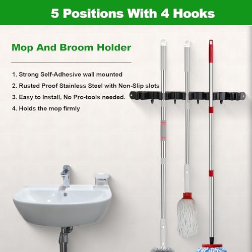 voze 5 Racks and 4 Hooks Mop and Broom Holder Wall Mount, Self Adhesive Heavy Duty Broom Hanger Organizer Storage Tool Racks for Kitchen Garden Laundry Garage Black - color: Black, size: 5 Racks 4 Hooks