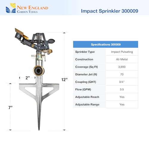 Impact Pulsating Sprinkler 300009 on Metal Step Spike, 70 ft Diameter Reach, 360° Range Control to Cover up to 3,900 Sq Ft for Farm, Lawn and Garden Irrigation, by New England Garden Tools