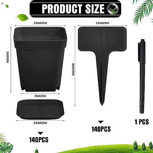 Zubebe 140 Pcs Plastic Plant Pots with Saucers, T Type Plant Labels, and Marking Pen for Indoor and Outdoor Use, Black - color: Black