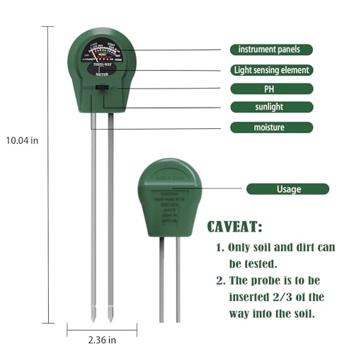 3-in-1 Soil pH Meter - Moisture, Light, and pH Tester for Garden, Lawn, Farm, Indoor & Outdoor Plant Care, Green