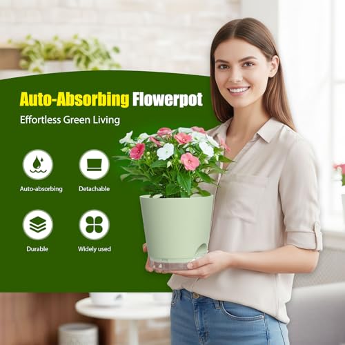 Plant Pots 8 Inch Self Watering Pots, 2 Pack Plastic Planters with Drainage Holes and Clear Saucers,Plastic Flower Pots for Indoor Out Door Plants (Green) - color: Green, size: 8 inch