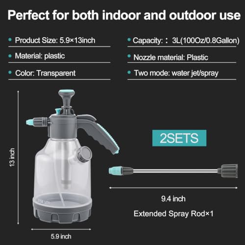 2 Set 0.8 Gallon Pump Sprayer Handheld Plant Water Spray Bottles 3l Garden Adjustable Clear Pump Sprayers with Nozzle and Extended Rod for Plant Mist Watering Cleaning Spraying Fertilizing