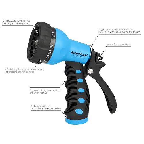 AQUASTAR by Eden AS73374 Rear-Trigger 7-Pattern Hose Nozzle (Blue) | Impact-Resistant ABS, Ergonomic Grip, Adjustable Spray Patterns for Lawn & Garden, Vibrant Colors - color: Blue