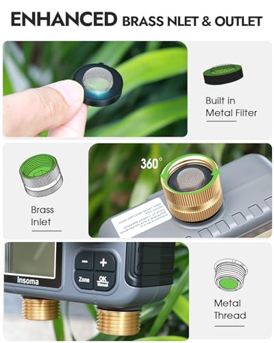 Insoma 2-Zone Sprinkler Timer with Brass Inlet & Outlet, Water Timer for Garden Hose with Auto/Manual/Rain Delay Mode, Big LCD Display, Easy Setup Hose Timers for Lawn, Garden, Vacation Watering - size: 2 Zone-V2.0-Brass