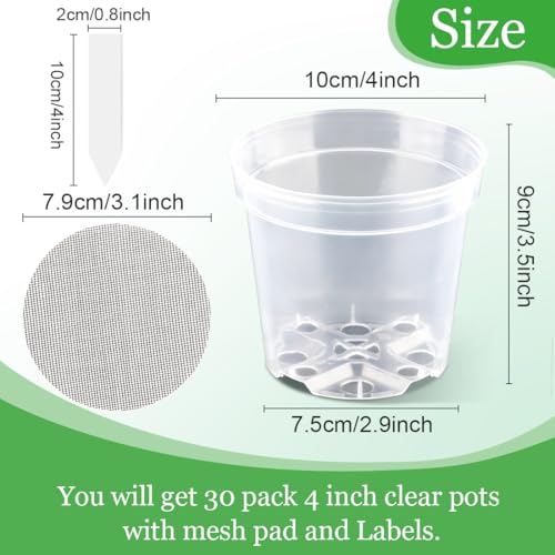 4 Inch Clear Nursery Pots for Plants, Plastic Plant Pot with Drainage Holes, Sturdy Seed Starter Pots, Small Transparent Seedling Pots with Plant Labels and Soil Screens, Gardening Gifts(30 Pack) - size: 4 Inch-30P