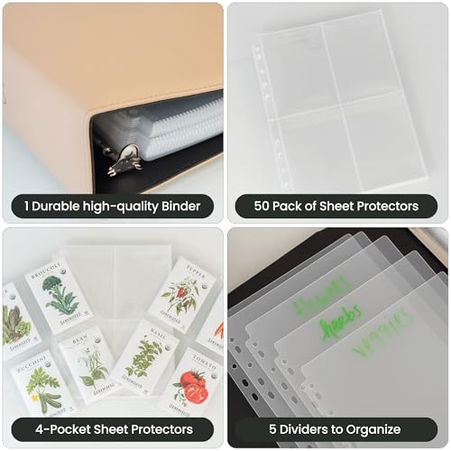 Seed Storage Binder – Garden Seed Organizer with 50 Sheet Protectors, 5 Dividers & Flap-Top Inserts - Stores 200 Seed Packets - Seed Saver Binder for Gardeners