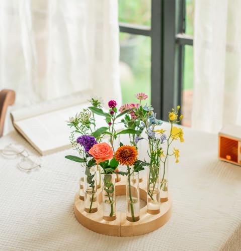 Melphoe Glass Bud Vases Small Flower Vase for Centerpieces Wedding Table Decorations, Home Decor, Propagation Station Plant Terrarium with Wooden Stand, Unique Plant Lover Gifts for Women (Beige) - color: Beige