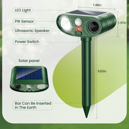 2025 Solar Ultrasonic Animal Repellent Rabbit Repeller Raccoon Squirrel Deterrent with Flash Light Motion Sensor to Keep Cat Dog Fox Skunk Out of Garden Yard (4-Pack)