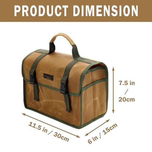 Tool Bag, Heavy Duty 16oz Waxed Canvas Tool Carrier, Multi-Purpose Tote Bag with 1 Large Capacity & 2 Side Pockets, Portable Tool Storage for Wrenches Chisels Scissors Hammer - Khaki - color: Khaki