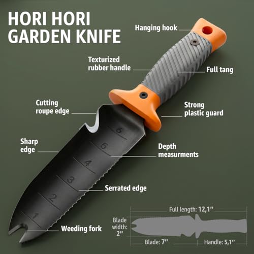 Hori Hori Garden Knife 7" with Sheath Heavy Duty Stainless Steel Multi-Purpose Tool for Weeding, Digging & Planting, Serrated & Straight Full-Tang Blade Weeding Fork, Non-Slip Handle, Gardening Spades - color: 2.Gray F
