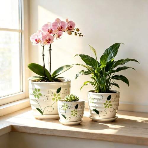 Vintage Flower Pots for Indoor Plant, Round Ceramic Plant Pots with Drainage Holes and Saucers, 6.7/5.2/3.9 Inches Retro Flower Planters Set of 3 - color: Modern Flowers
