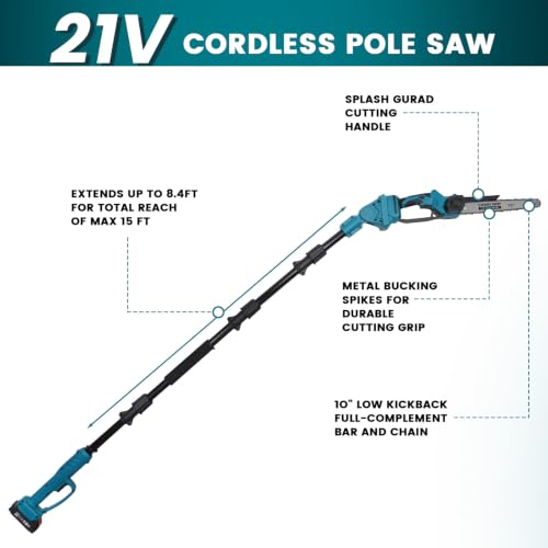 10 Inch Pole Saw with Telescopic High Branch Pole, Pruning Shear Scissors & 2x 4000mAh Batteries - Cordless Extendable Tree Trimmer Branch Cutter for High Limb Trimming