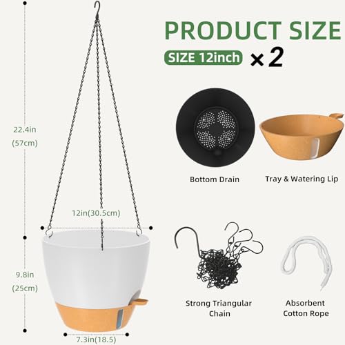 ZMTECH 12 Inch Hanging Planters for Indoor Outdoor Plants, 2 Pack Self Watering Hanging Plant Pots with Drainage Hole, Visual Reservoir, Plastic Flower Hanging Pots with Watering Lip (White) - color: White, size: 12 Inch - 2 pack