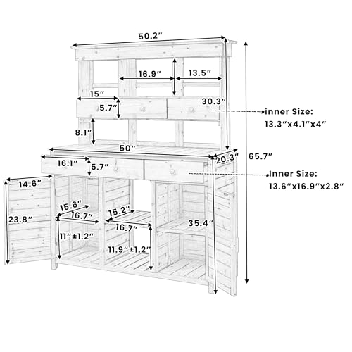 Farmhouse Workstation Wooden Potting Bench with Large Storage Space, Garden Work Bench Station with Three Hooks for Backyard, White - color: White