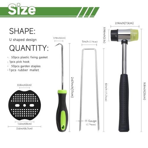 6 Inch Landscape Staples Set, 11 Gauge Galvanized U-Shaped Garden Stakes (50 Pack) with 50 Gaskets, Hook Tool & Rubber Mallet for Weed Fabric & Landscaping - size: 50pcs
