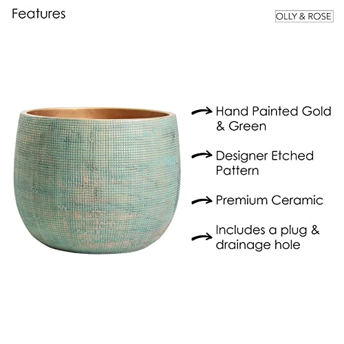 Olly & Rose Bali 10 Inch Ceramic Cement Plant Pot - Indoor & Outdoor Planters - Garden and Flower Pot - color: Gold Teal