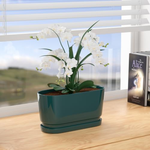 13" Rectangular Ceramic Planter with Drainage and Saucer, Green - color: Green, size: Large