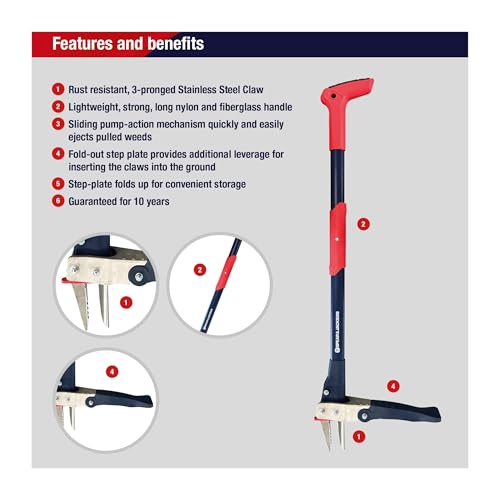 Spear & Jackson Weed Puller, Stand-Up Mechanical Garden Tool with Stainless Steel Claws and Long Nylon Fiberglass Handle