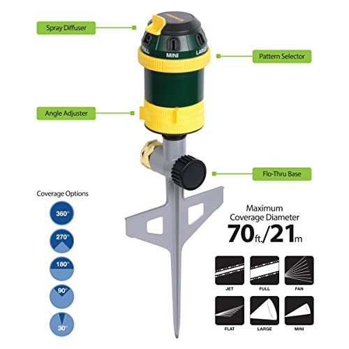 Melnor 65161AMZ Turbo Drive Rotary Sprinkler, Waters Up to 70 Ft. Diameter, 6 Spray Patterns, Adjustable 30° to 360° Coverage, Metal Spike Base, Quick Connect Bundle, Green, Yellow - style: 6-Pattern