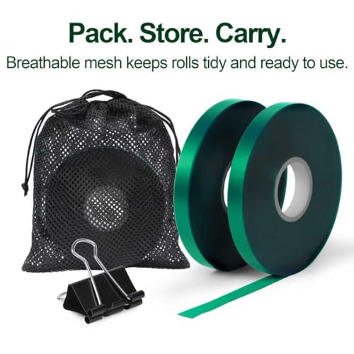 Plant Tie Tape – 4 Rolls (788 ft) Stretch Vinyl (PVC), 0.5" Wide, Non-Adhesive Garden Ties for Stems & Poles – Includes Mesh Bag & Binder Clip (788 ft) - size: 788 ft