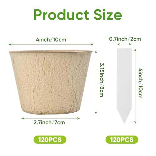 120 Pack 4 inch Peat Pots for Seeding with 120Pcs Plant Labels, Biodegradable Seed Starter Pots with Drainage Holes, Garden Germination Nursery Pots